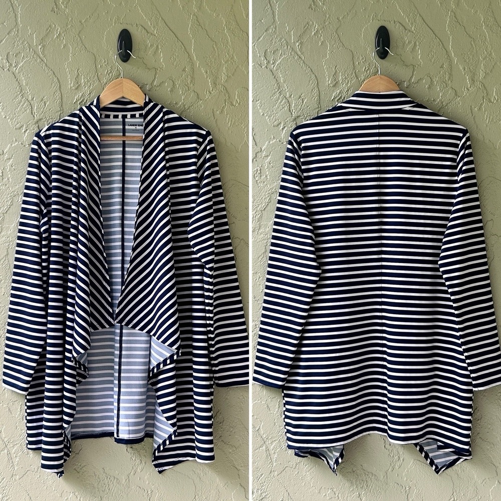 Lands' End Women's XL Navy White Multicolor Stripe Cardigan UPF50 Cover-Up NWOT